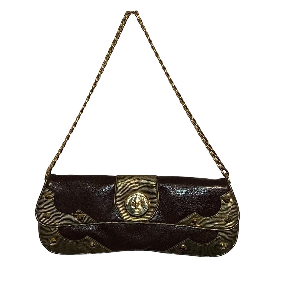 Michael Kors, brown and gold leather studded clutch metal shoulder chain strap